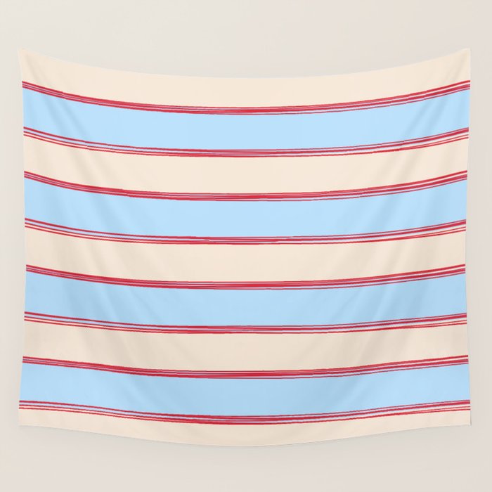Lined Stripes Pattern in Cottage Light Blue, Red, and Cream Beige Wall Tapestry Gallery Image 4