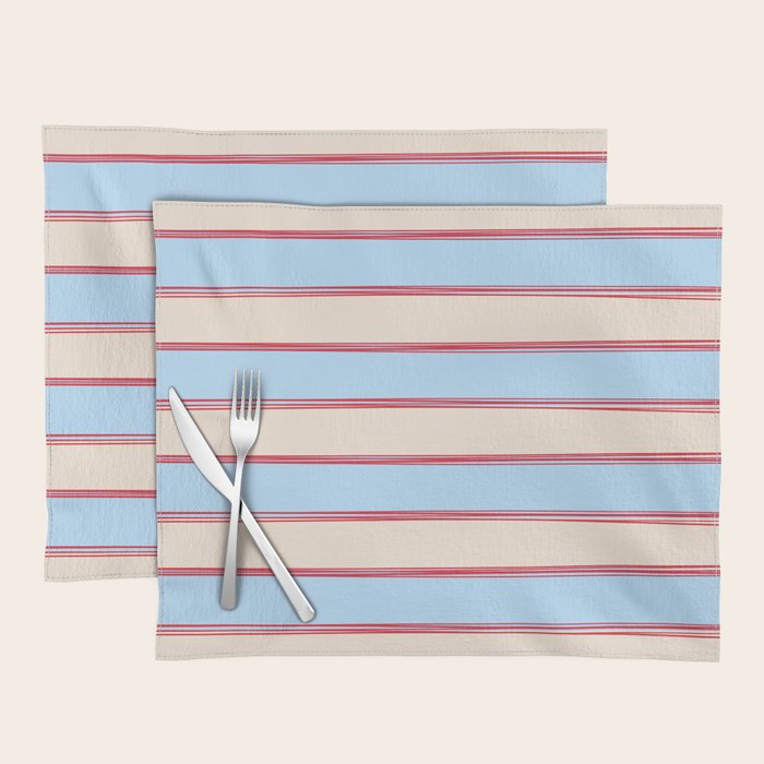 Lined Stripes Pattern in Cottage Light Blue, Red, and Cream Beige Placemat Gallery Image 1