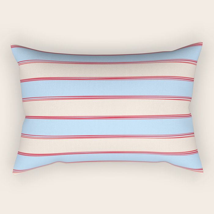 Lined Stripes Pattern in Cottage Light Blue, Red, and Cream Beige Rectangular Pillow Gallery Image 1