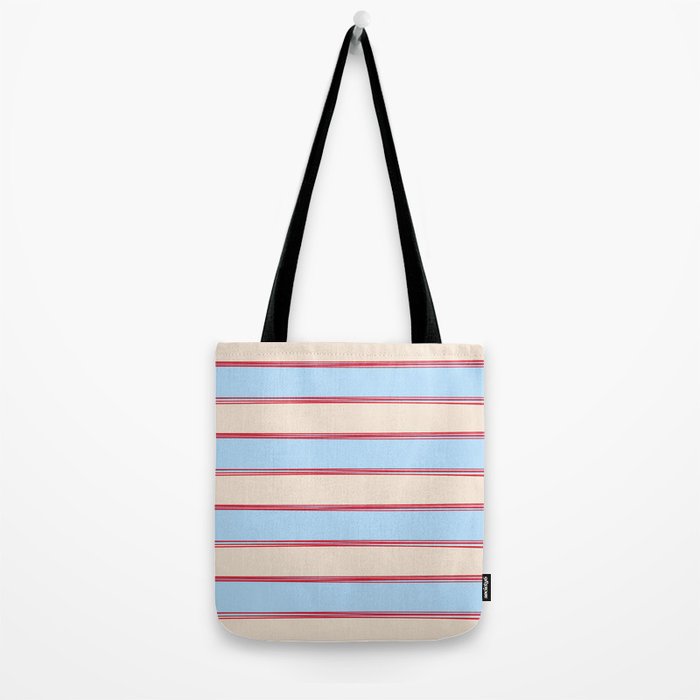 Lined Stripes Pattern in Cottage Light Blue, Red, and Cream Beige Tote Bag Gallery Image 2