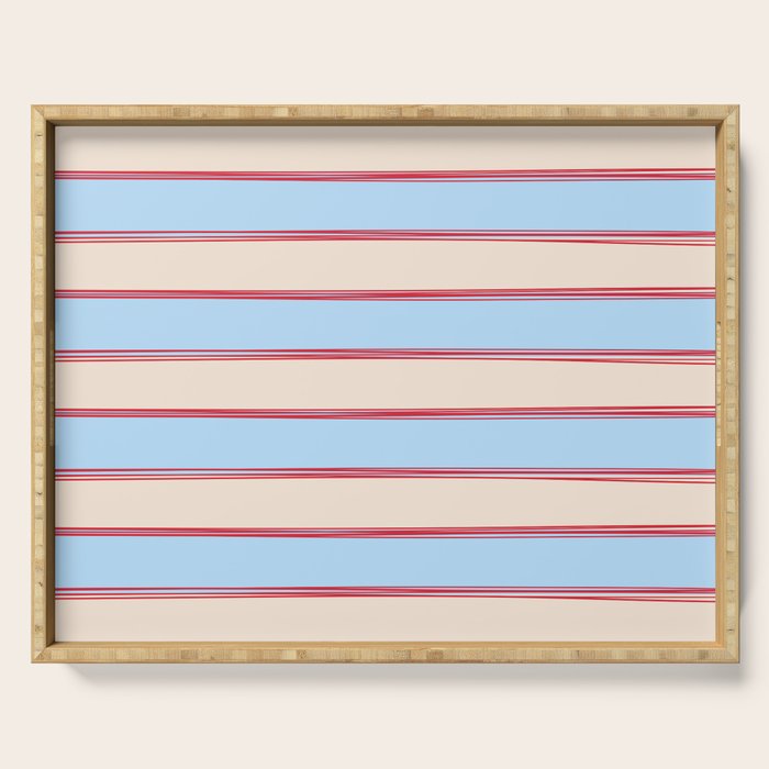 Lined Stripes Pattern in Cottage Light Blue, Red, and Cream Beige Serving Tray Gallery Image 1