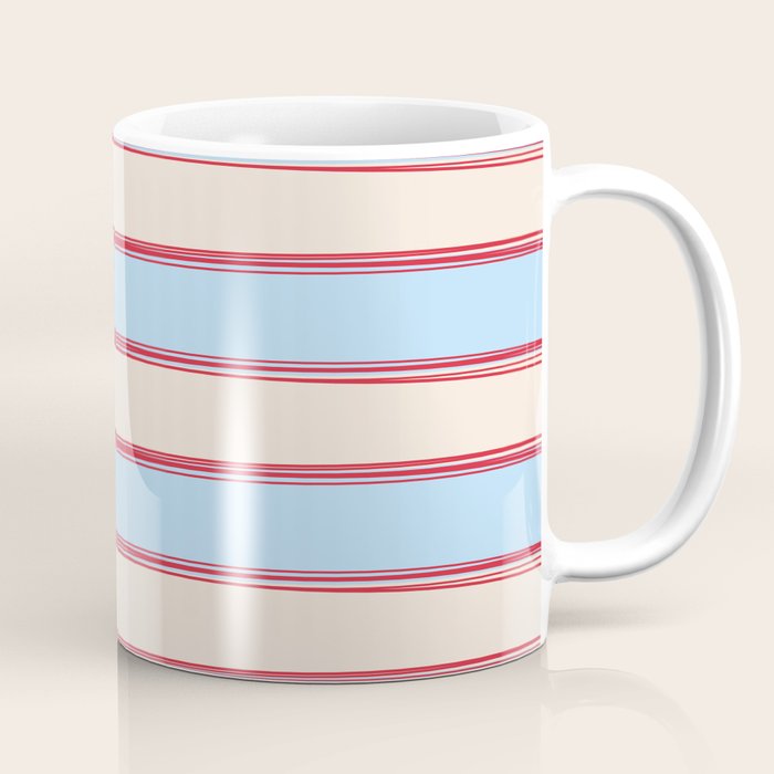 Lined Stripes Pattern in Cottage Light Blue, Red, and Cream Beige Coffee Mug Gallery Image 1