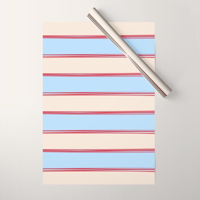 Lined Stripes Pattern in Cottage Light Blue, Red, and Cream Beige Wrapping Paper Gallery Image 1