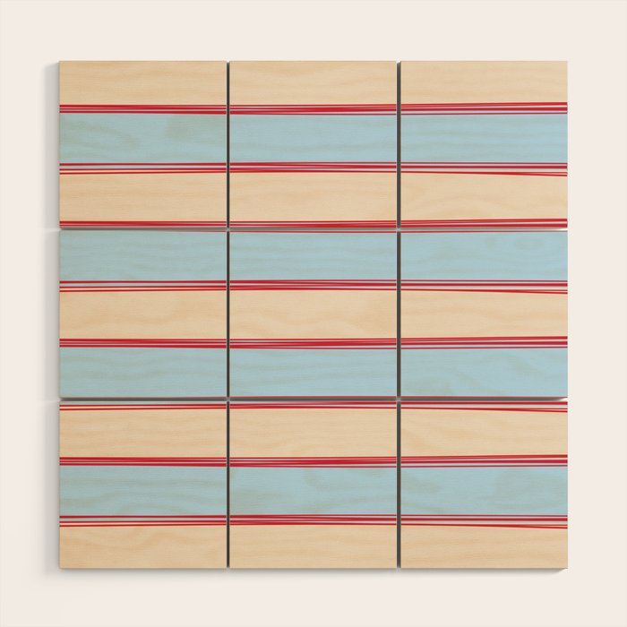 Lined Stripes Pattern in Cottage Light Blue, Red, and Cream Beige Wood Wall Art Gallery Image 1