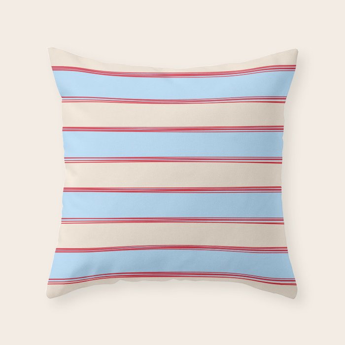 Lined Stripes Pattern in Cottage Light Blue, Red, and Cream Beige Throw Pillow Gallery Image 6