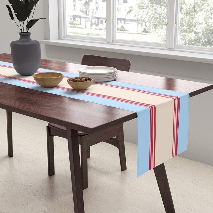 Lined Stripes Pattern in Cottage Light Blue, Red, and Cream Beige Table Runner Gallery Image 2