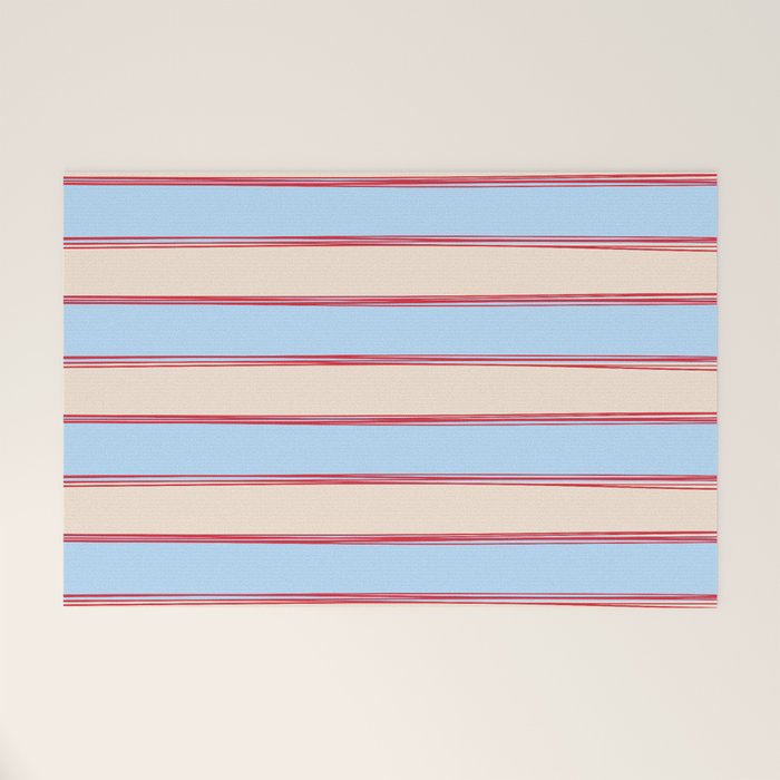 Lined Stripes Pattern in Cottage Light Blue, Red, and Cream Beige Welcome Mat Gallery Image 1