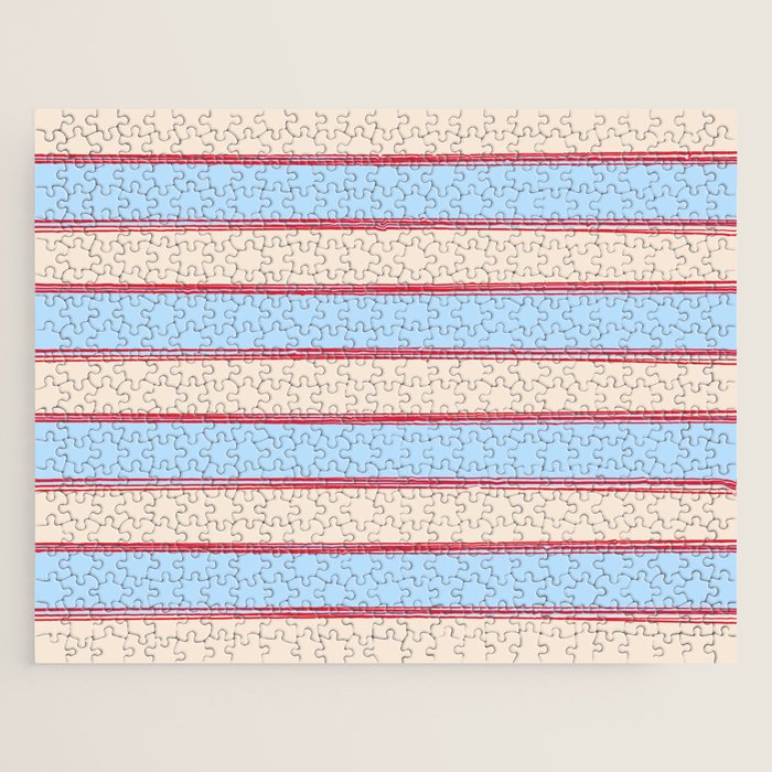 Lined Stripes Pattern in Cottage Light Blue, Red, and Cream Beige Jigsaw Puzzle Gallery Image 1
