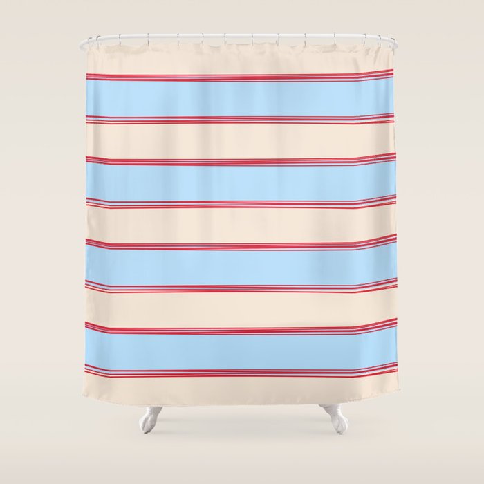 Lined Stripes Pattern in Cottage Light Blue, Red, and Cream Beige Shower Curtain Gallery Image 1