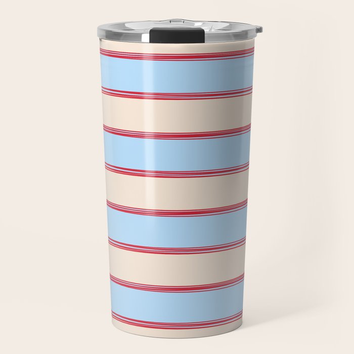 Lined Stripes Pattern in Cottage Light Blue, Red, and Cream Beige Travel Mug Gallery Image 1