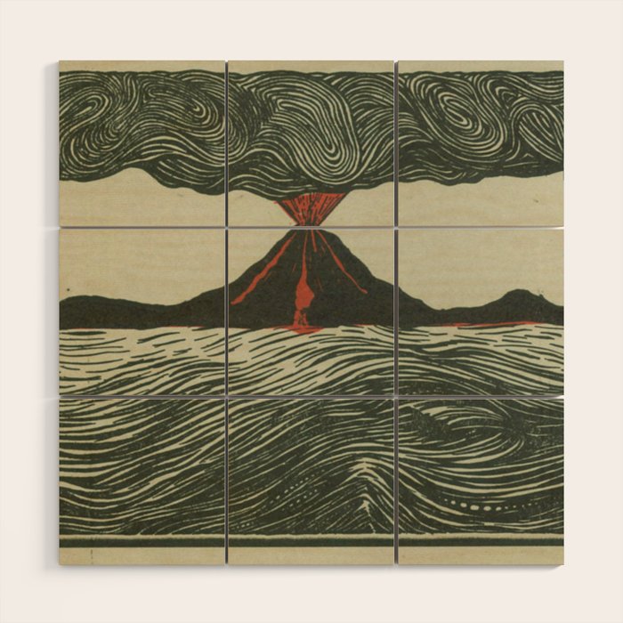 Volcano Woodcut Wood Wall Art