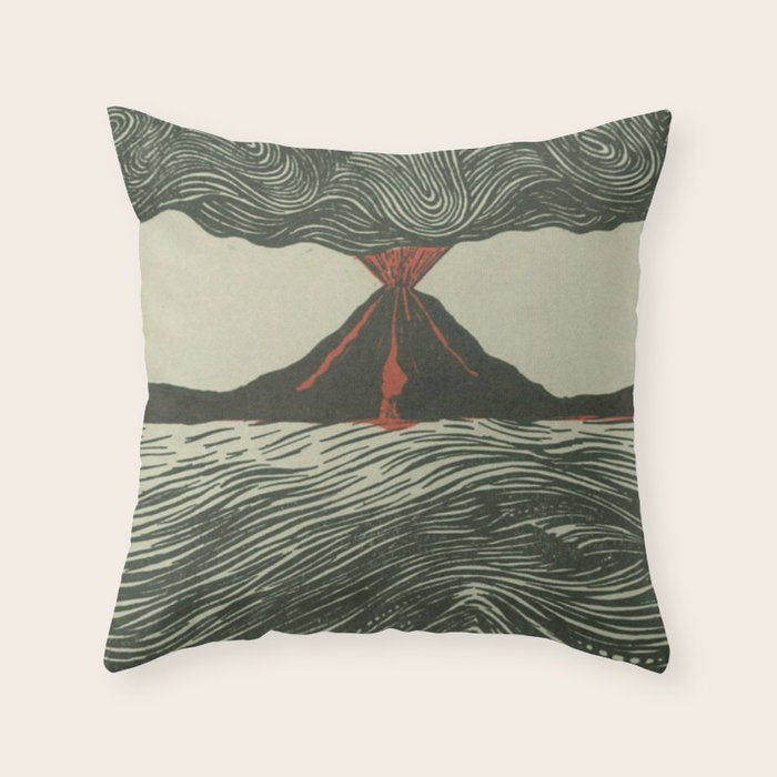 Volcano Woodcut Throw Pillow Gallery Image 1