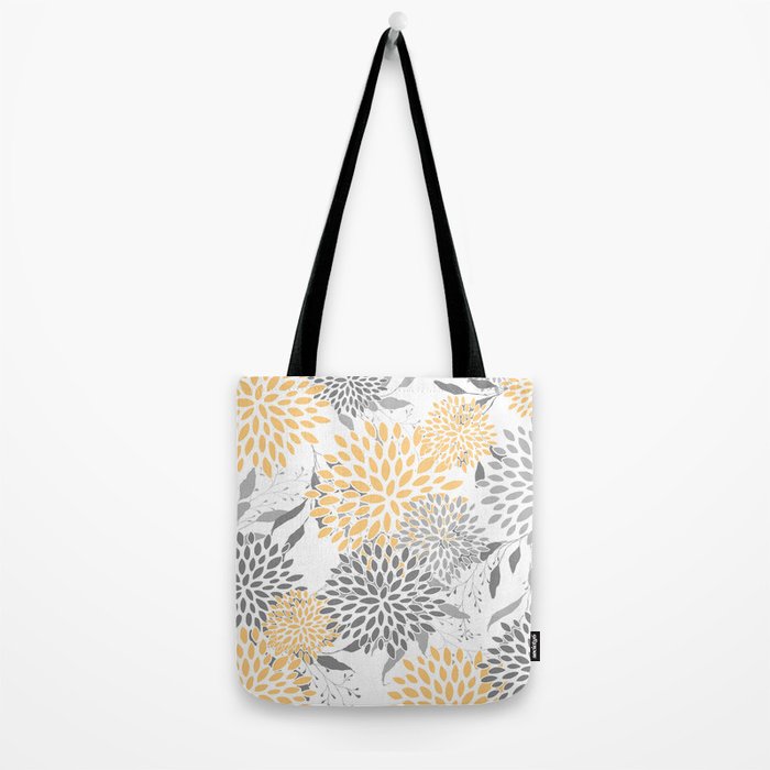 Floral Prints,  Leaves and Blooms, Gray and Yellow Tote Bag Gallery Image 2