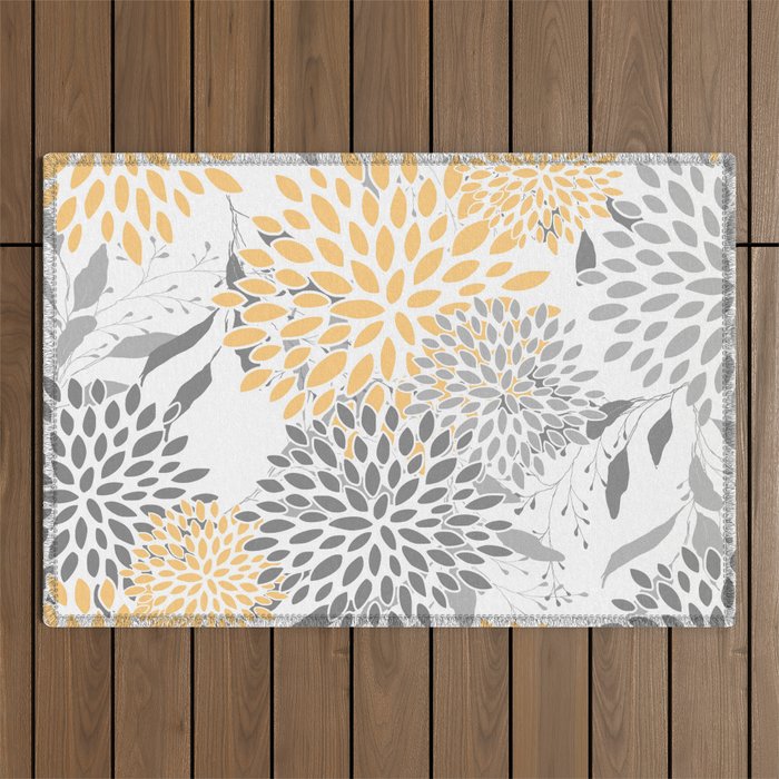 Floral Prints,  Leaves and Blooms, Gray and Yellow Outdoor Rug Gallery Image 1