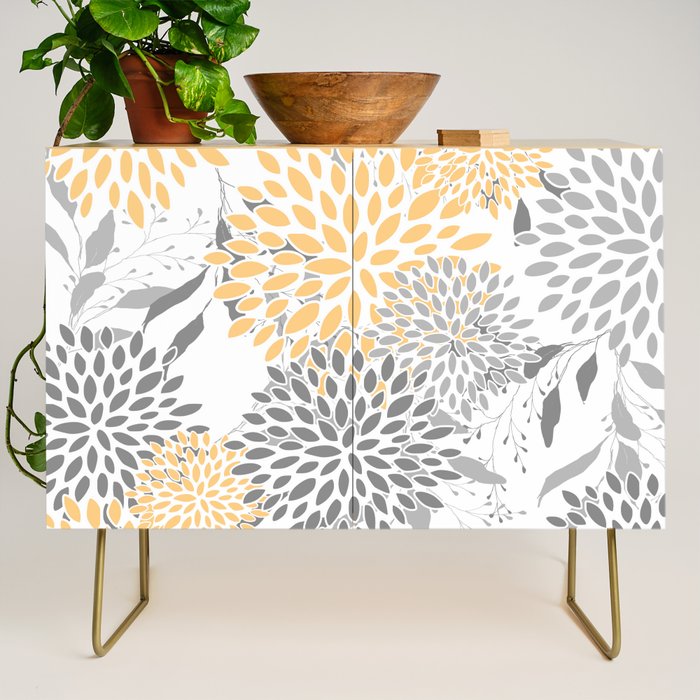 Floral Prints,  Leaves and Blooms, Gray and Yellow Credenza Gallery Image 1
