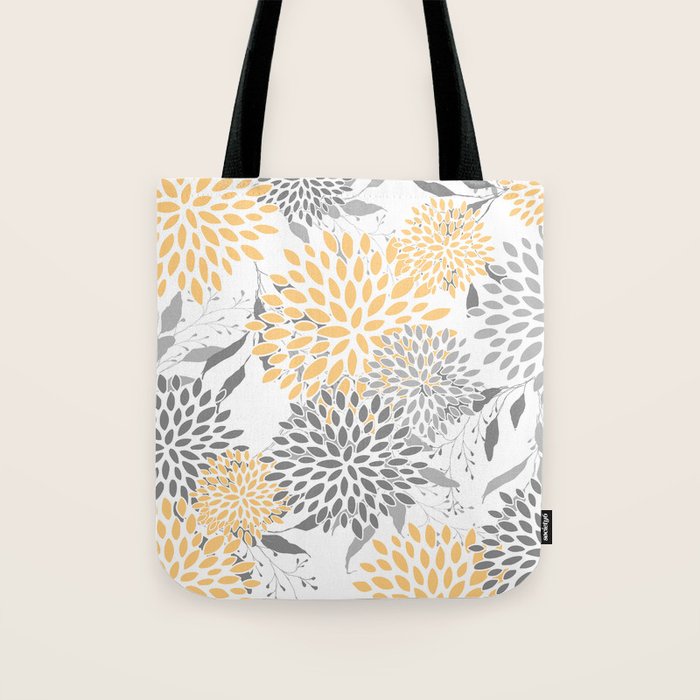 Floral Prints,  Leaves and Blooms, Gray and Yellow Tote Bag Gallery Image 1