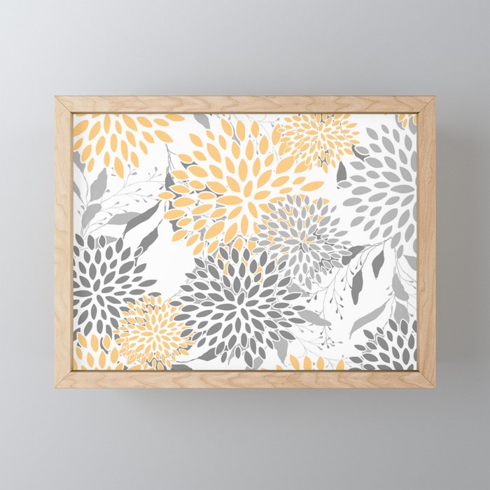 Floral Prints,  Leaves and Blooms, Gray and Yellow Mini Art Print Gallery Image 1