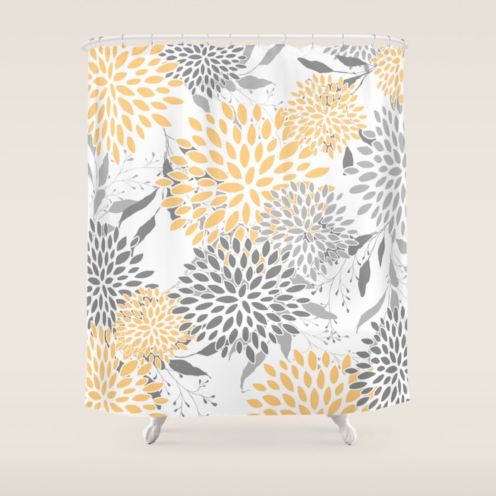 Floral Prints,  Leaves and Blooms, Gray and Yellow Shower Curtain Gallery Image 1