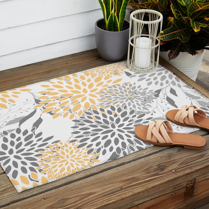Floral Prints,  Leaves and Blooms, Gray and Yellow Outdoor Rug Gallery Image 2