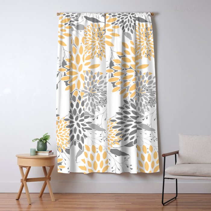 Floral Prints,  Leaves and Blooms, Gray and Yellow Window Curtain Gallery Image 5