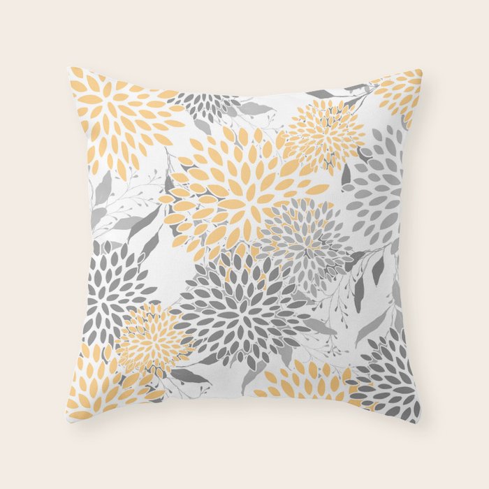 Floral Prints,  Leaves and Blooms, Gray and Yellow Throw Pillow Gallery Image 1