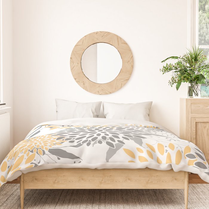 Floral Prints,  Leaves and Blooms, Gray and Yellow Duvet Cover Gallery Image 3
