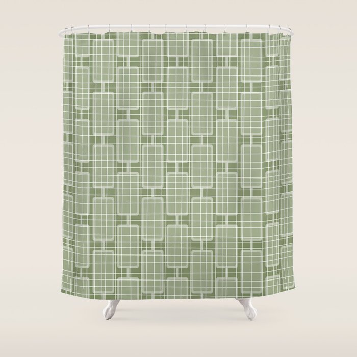 Mid Century Modern Woven Link Pattern in Green Sage Shower Curtain Gallery Image 1