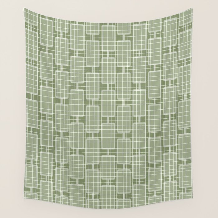 Mid Century Modern Woven Link Pattern in Green Sage Wall Tapestry Gallery Image 4