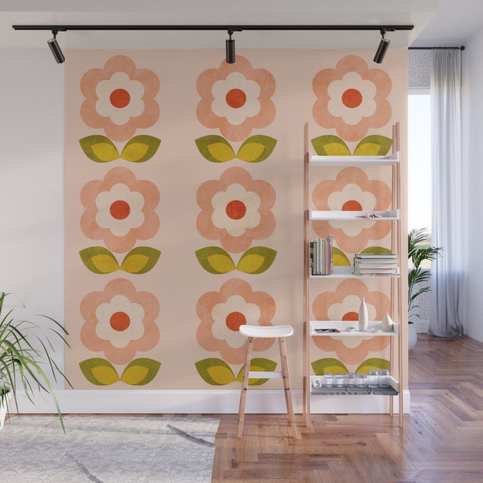 retro daisy minimal pink Wall Mural Gallery Image 1