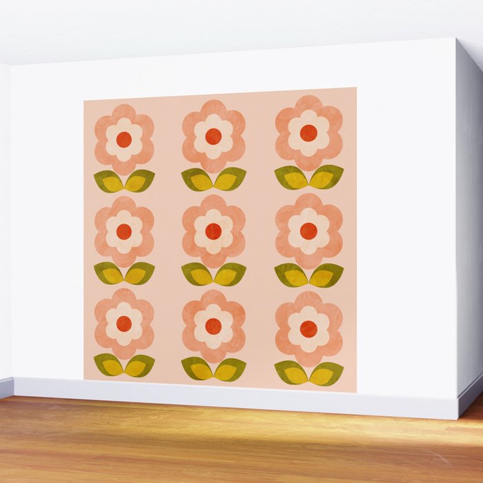 retro daisy minimal pink Wall Mural Gallery Image 2