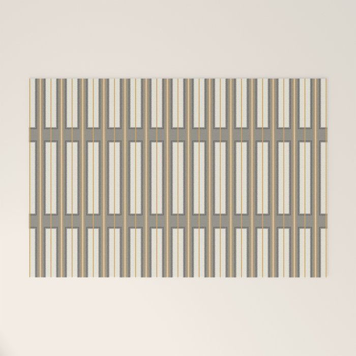 Geometric Minimal Geo Box Neutral Striped Pattern in Gray Cream Ochre Welcome Mat Gallery Image 1