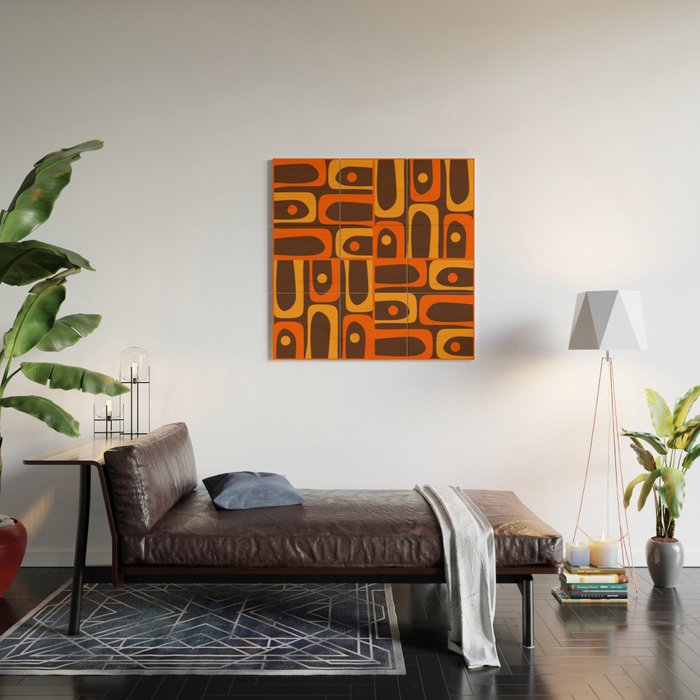 Mid Century Modern Piquet Retro Abstract Multi Pattern in 70s Orange and Dark Brown Wood Wall Art Gallery Image 2
