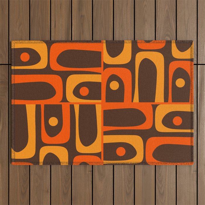 Mid Century Modern Piquet Retro Abstract Multi Pattern in 70s Orange and Dark Brown Outdoor Rug Gallery Image 1
