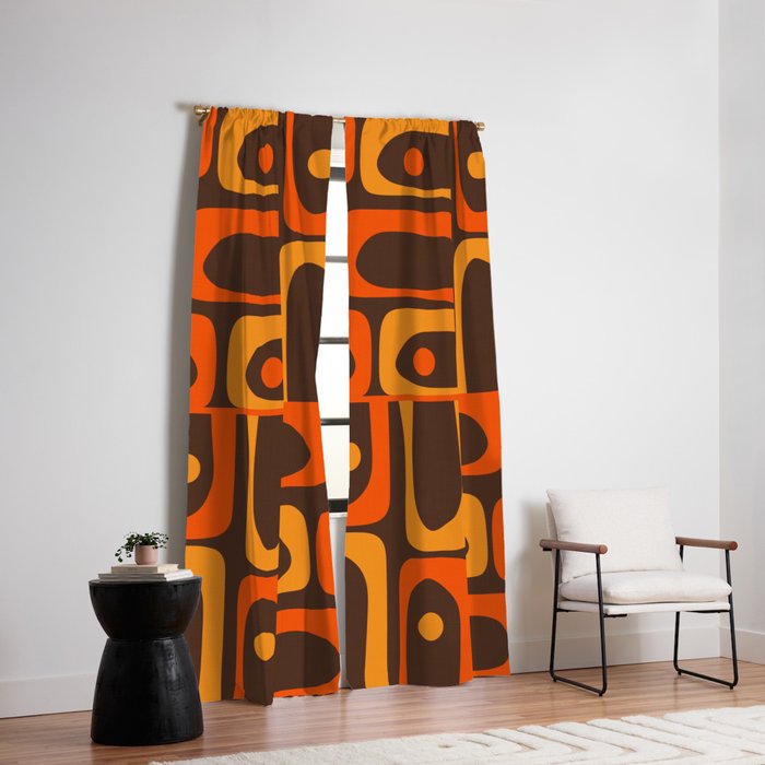 Mid Century Modern Piquet Retro Abstract Multi Pattern in 70s Orange and Dark Brown Window Curtain Gallery Image 2