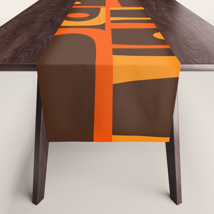 Mid Century Modern Piquet Retro Abstract Multi Pattern in 70s Orange and Dark Brown Table Runner Gallery Image 1
