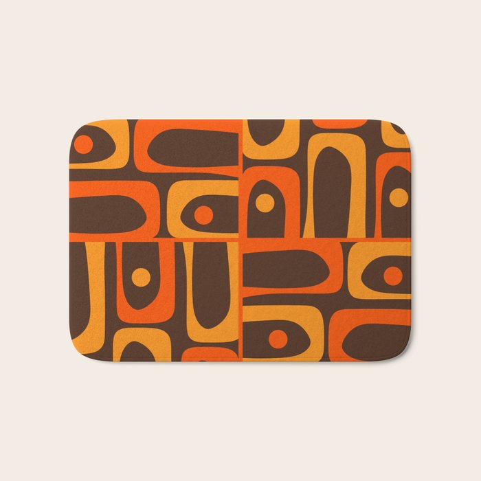 Mid Century Modern Piquet Retro Abstract Multi Pattern in 70s Orange and Dark Brown Bath Mat Gallery Image 1