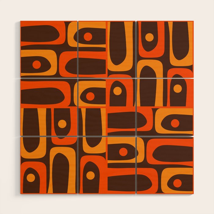 Mid Century Modern Piquet Retro Abstract Multi Pattern in 70s Orange and Dark Brown Wood Wall Art Gallery Image 1