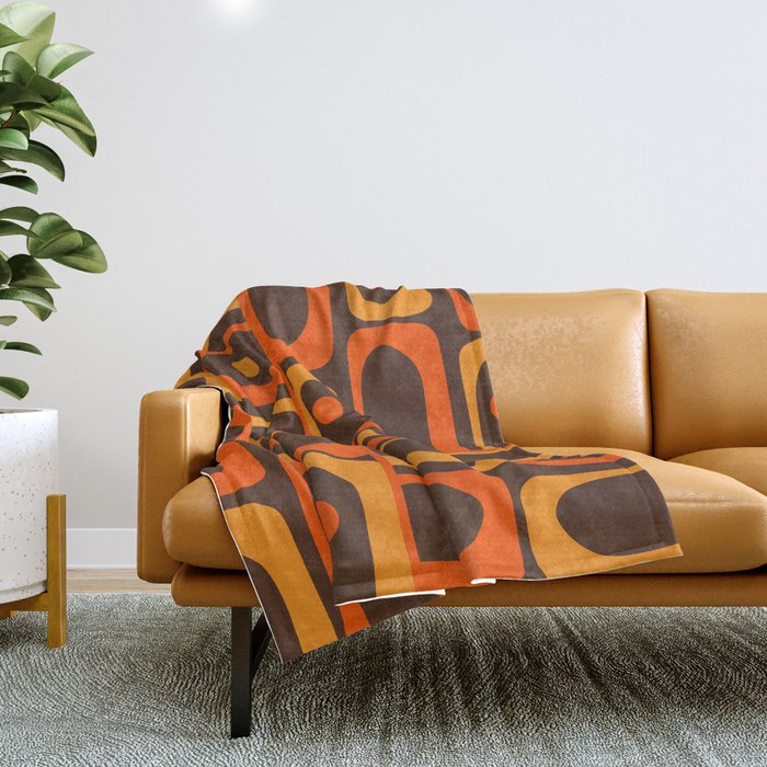 Mid Century Modern Piquet Retro Abstract Multi Pattern in 70s Orange and Dark Brown Throw Blanket Gallery Image 1