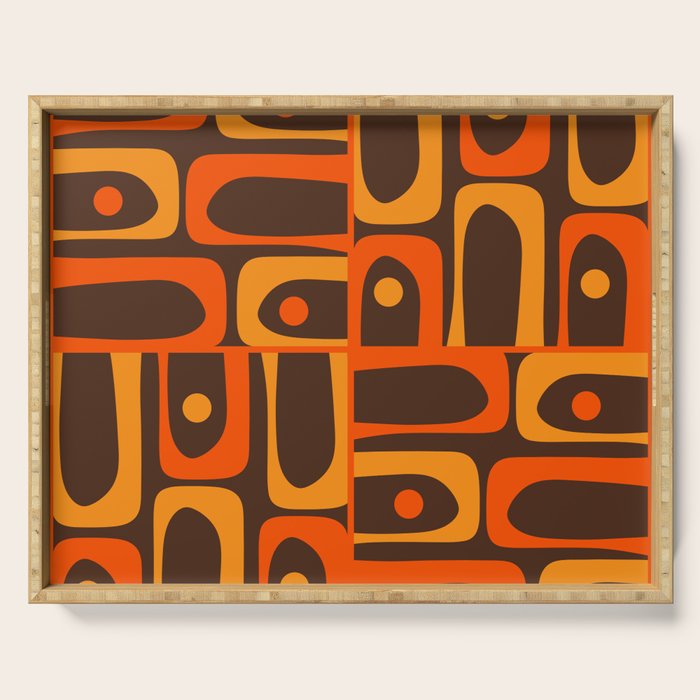 Mid Century Modern Piquet Retro Abstract Multi Pattern in 70s Orange and Dark Brown Serving Tray Gallery Image 1