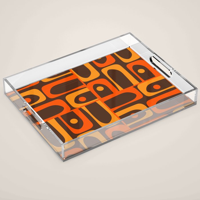 Mid Century Modern Piquet Retro Abstract Multi Pattern in 70s Orange and Dark Brown Acrylic Tray Gallery Image 1