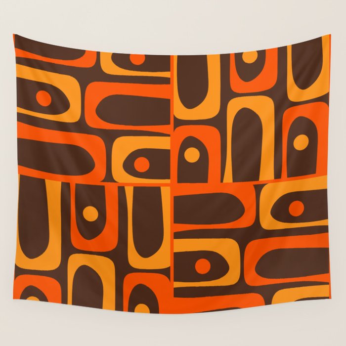 Mid Century Modern Piquet Retro Abstract Multi Pattern in 70s Orange and Dark Brown Wall Tapestry Gallery Image 1
