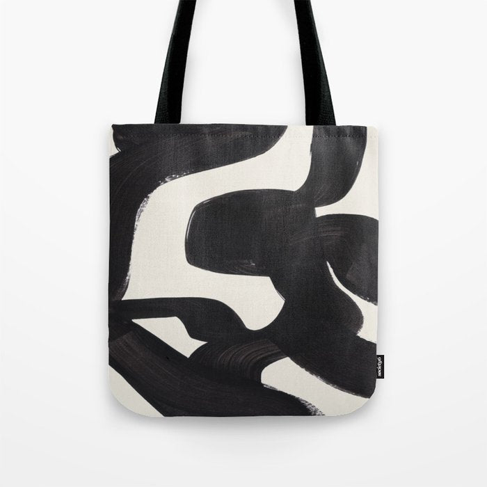 Mid Century Modern Minimalist Abstract Art Brush Strokes Black & White Ink Art Maze Tote Bag Gallery Image 1