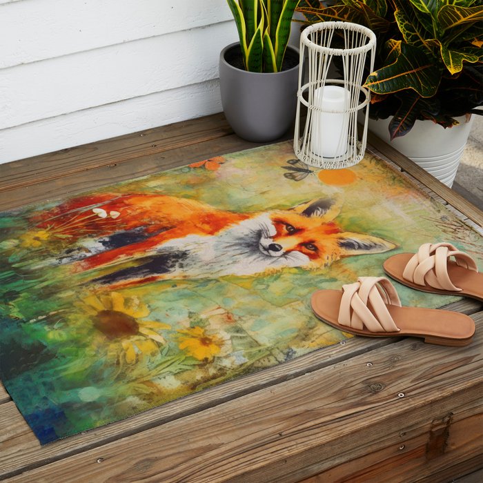 Colorful Wild Fox Indian Summer Woodland Flora And Wildlife Outdoor Rug Gallery Image 2