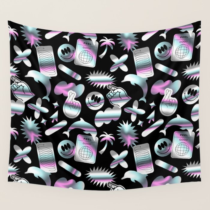 Trendy holographic y2k sticker pattern Wall Tapestry Gallery Image 4