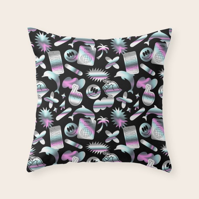 Trendy holographic y2k sticker pattern Throw Pillow Gallery Image 1