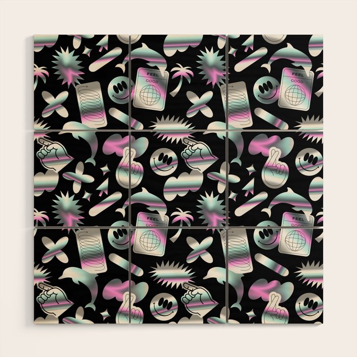 Trendy holographic y2k sticker pattern Wood Wall Art Gallery Image 1