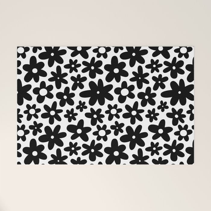 Black and white retro flower pattern Welcome Mat Gallery Image 1