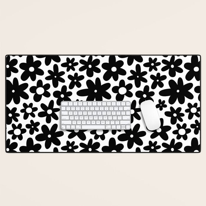 Black and white retro flower pattern Desk Mat Gallery Image 1