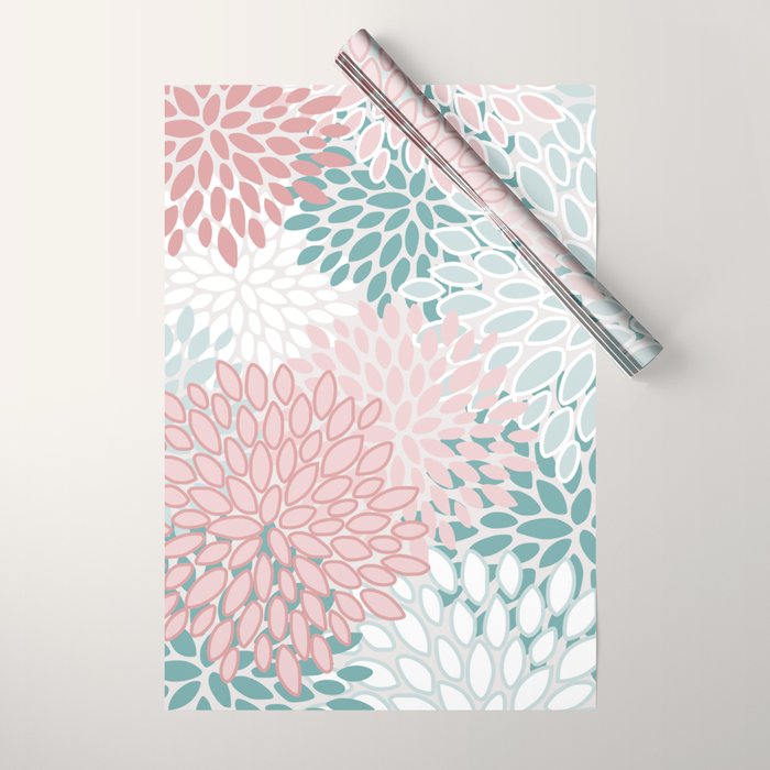 Floral Bloom, Teal, Green, Pink and White Wrapping Paper Gallery Image 1