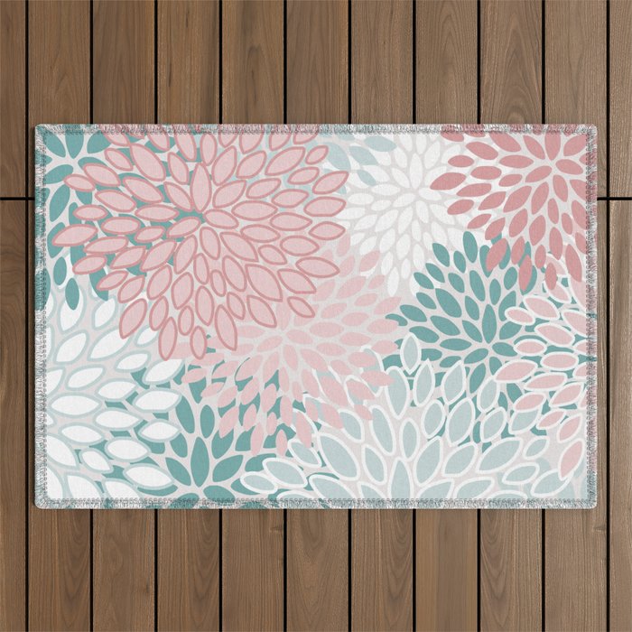 Floral Bloom, Teal, Green, Pink and White Outdoor Rug Gallery Image 1
